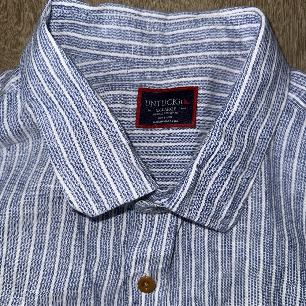 Untuckit 100% Linen Short Sleeve Button Up Shirt Men's 2XL Blue White Striped